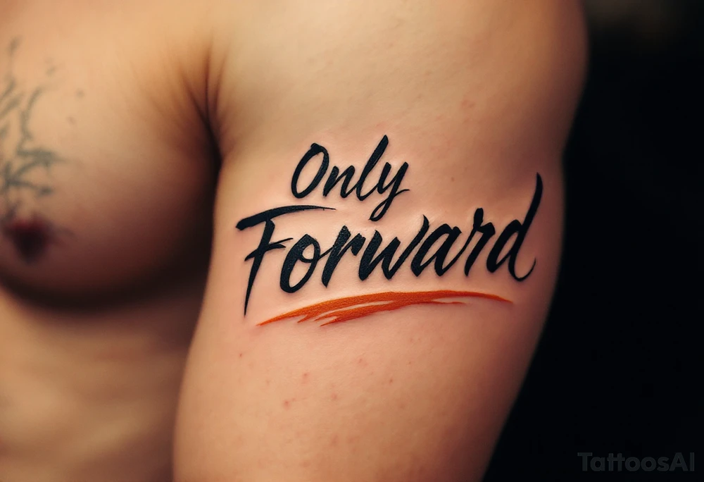 "Only Forward" in slanted italic script, black with a faint orange underline resembling a flame. tattoo idea
