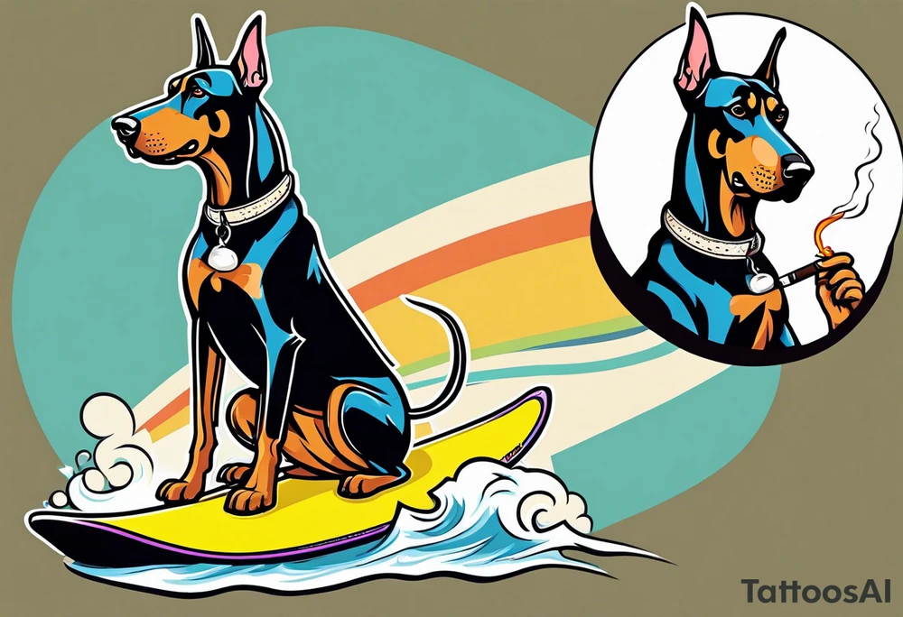 doberman smoking a cigar on a surfboard tattoo idea