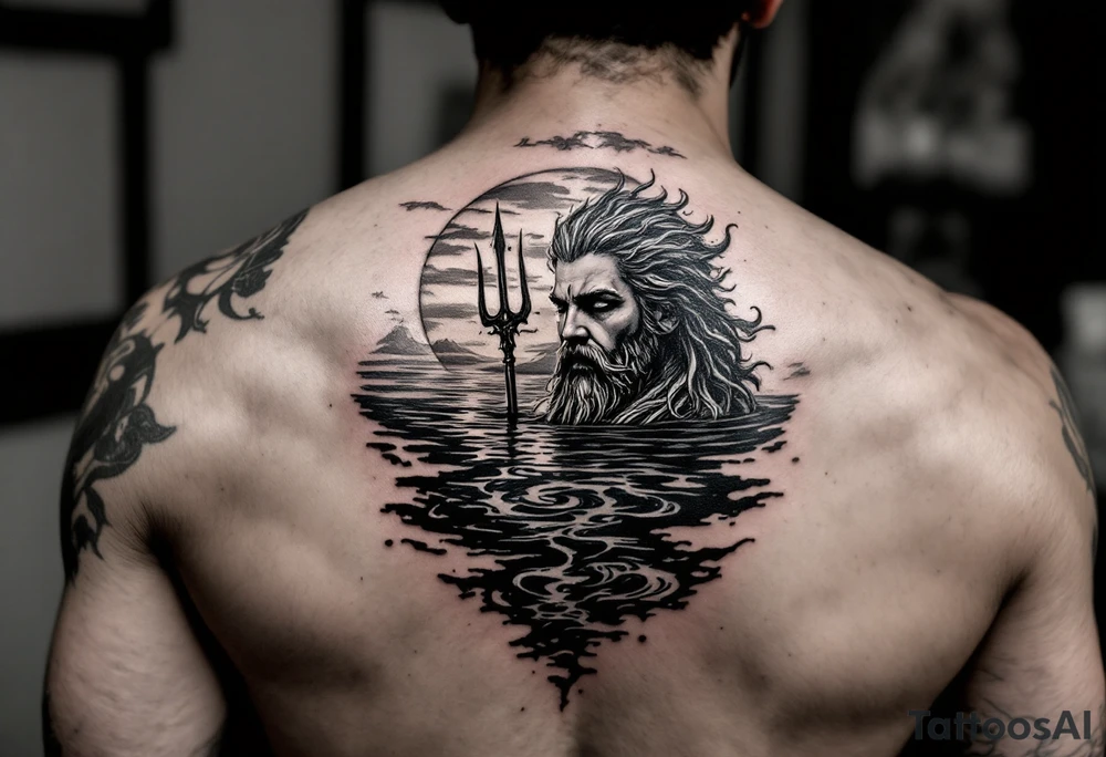 Poseidon half way under calm water with trident at sunset tattoo idea