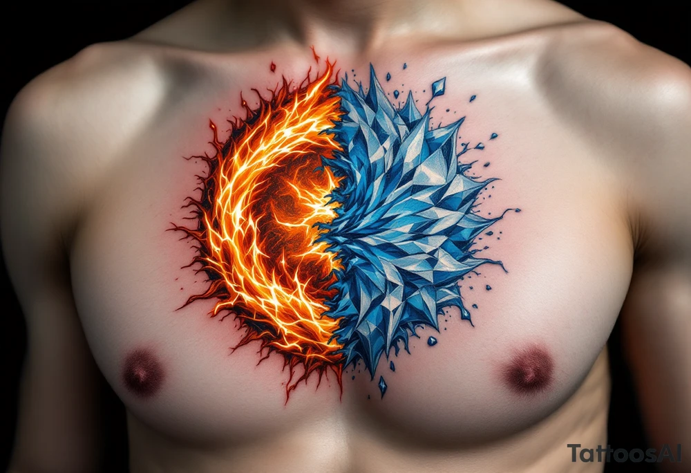 A circle made of fire and ice: one half glowing orange-red, the other pale blue and white. tattoo idea