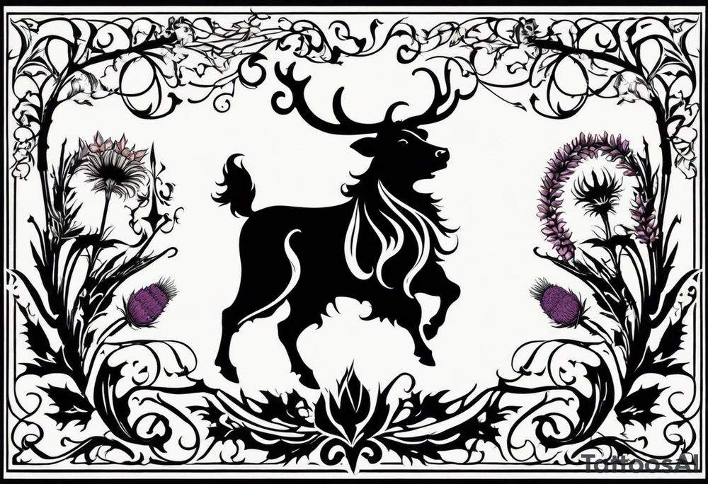 I want to create a tattoo of a personal coat of arms surrounded by thistle and heather. the top portion in the coat of arms is the Scottish highlands. For the coat of arms, 4 points are music, highland cow, thistle/heather, and border collie head/ears silhouette. I would also like a rosary incorporated and a scroll of the serenity prayer tattoo idea