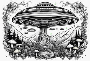 ufo abduction with mushrooms and vines tattoo idea