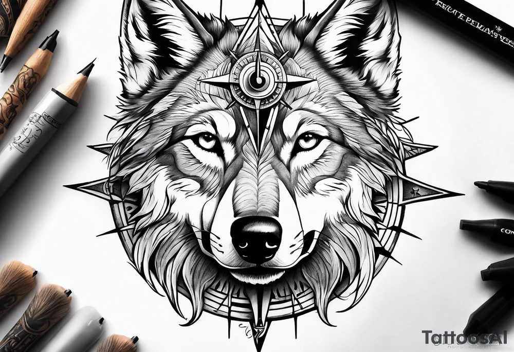 Compass in a wolf eyes tattoo idea