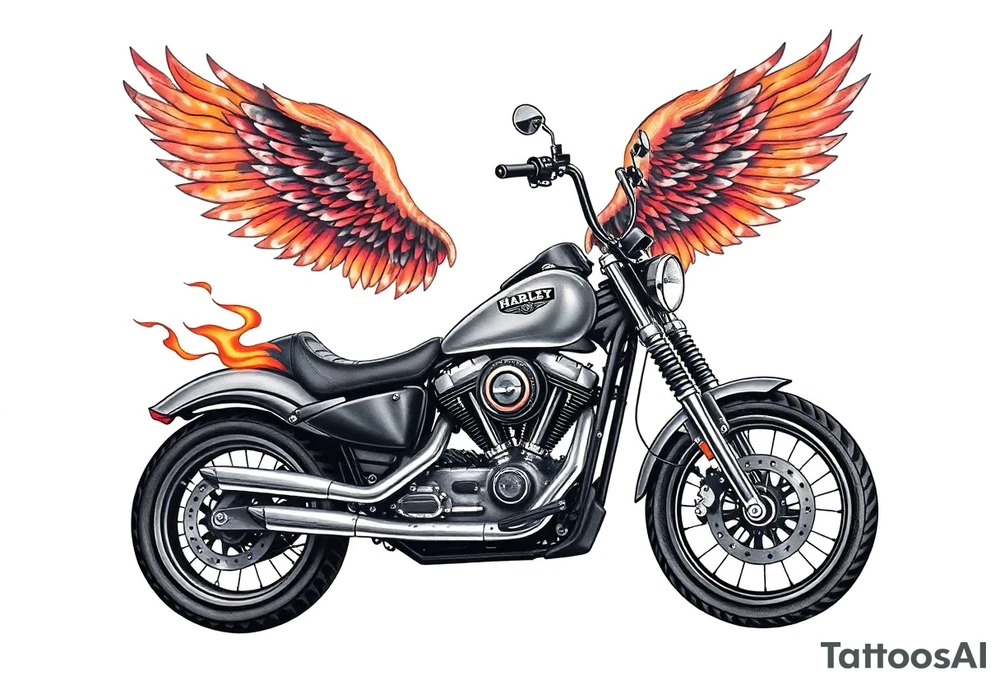 Harley grey motorcycle driving away, flames, angel wings tattoo idea
