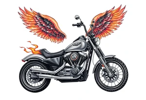 Harley grey motorcycle driving away, flames, angel wings tattoo idea