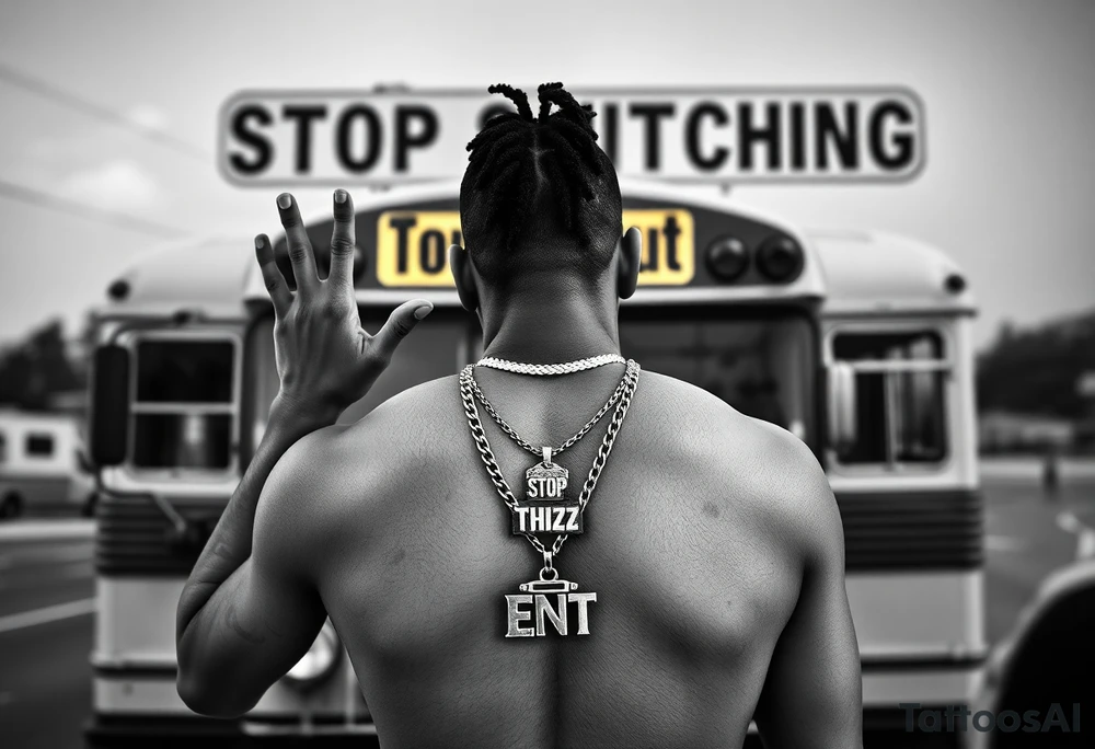 Mac Dre Standing doing the sign for time out in football n front of a short bus stopped at a stop sign that says STOP SNITCHING on it with a chain around his neck that has a pendent that says THIZZ and below that ENT tattoo idea