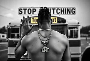 Mac Dre Standing doing the sign for time out in football n front of a short bus stopped at a stop sign that says STOP SNITCHING on it with a chain around his neck that has a pendent that says THIZZ and below that ENT tattoo idea