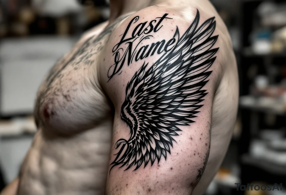 Last name Dunning on left arm,details include bold strong font, faint gold highlights, theme of wealth,angel wing tattoo idea