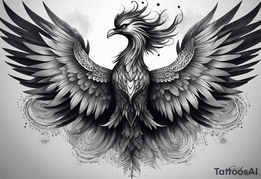 Tattoo: A powerful, majestic phoenix, depicted mid-flight or rising, with wings extended and feathers flowing. Deep shading and intricate details to bring out the texture and motion of the feathers. tattoo idea