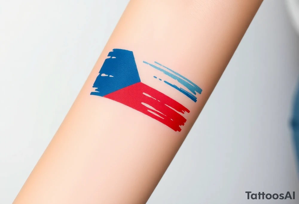 A stylized Czech flag in brushstroke style, with a hand-painted aesthetic and dynamic motion tattoo idea