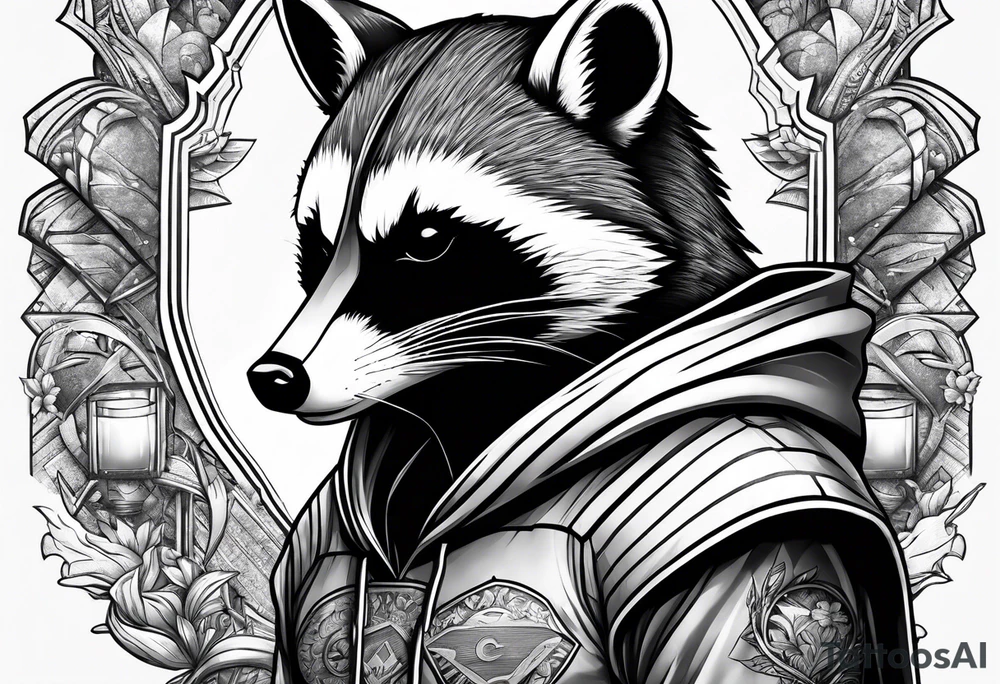 raccoon wearing a Superman hoodie tattoo idea