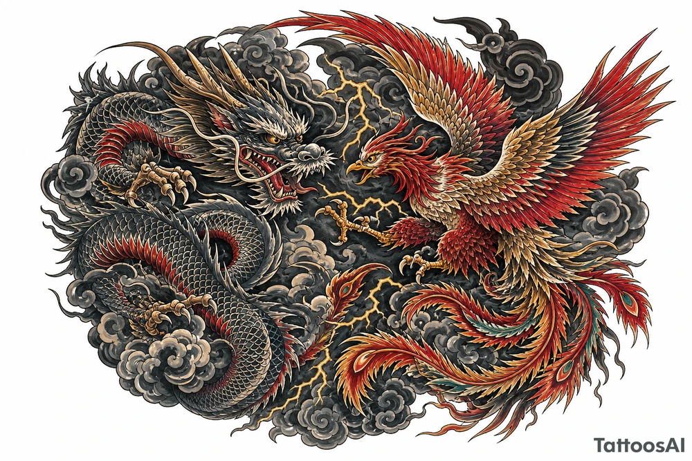 Japanese dragon and phoenix clashing in stormy, dark clouds, traditional ink style. tattoo idea