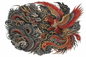 Japanese dragon and phoenix clashing in stormy, dark clouds, traditional ink style. tattoo idea