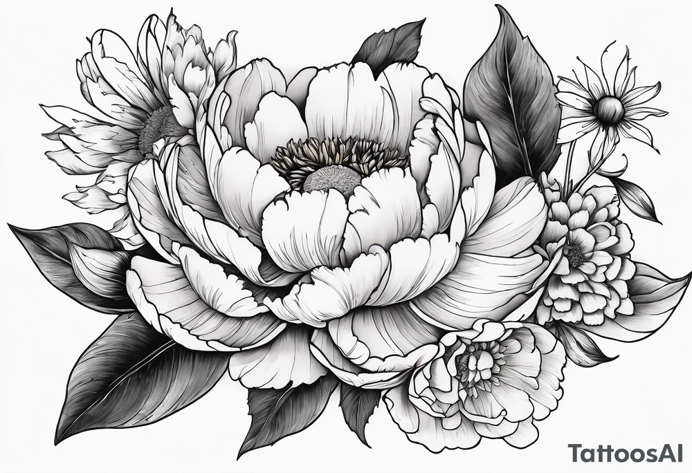 peony, calendula, sunflower, tulip, cherry blossom and ginko leaf tattoo idea