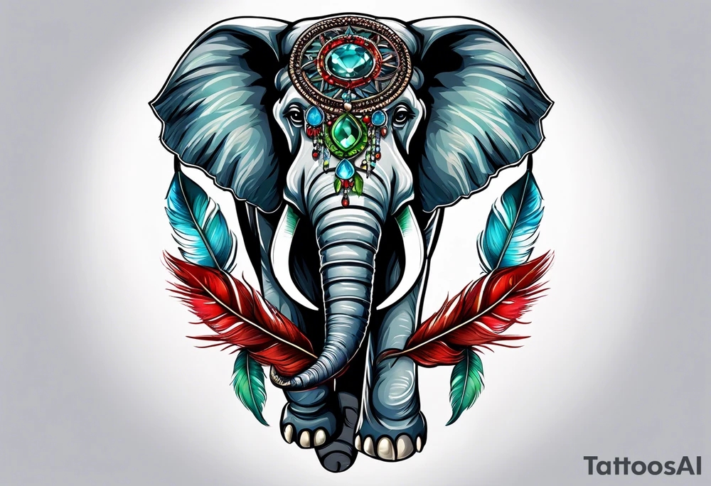 dreamcatcher with an aquamarine feather a red feather and a peridot feather with gemstones and elephant tattoo idea
