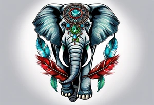 dreamcatcher with an aquamarine feather a red feather and a peridot feather with gemstones and elephant tattoo idea