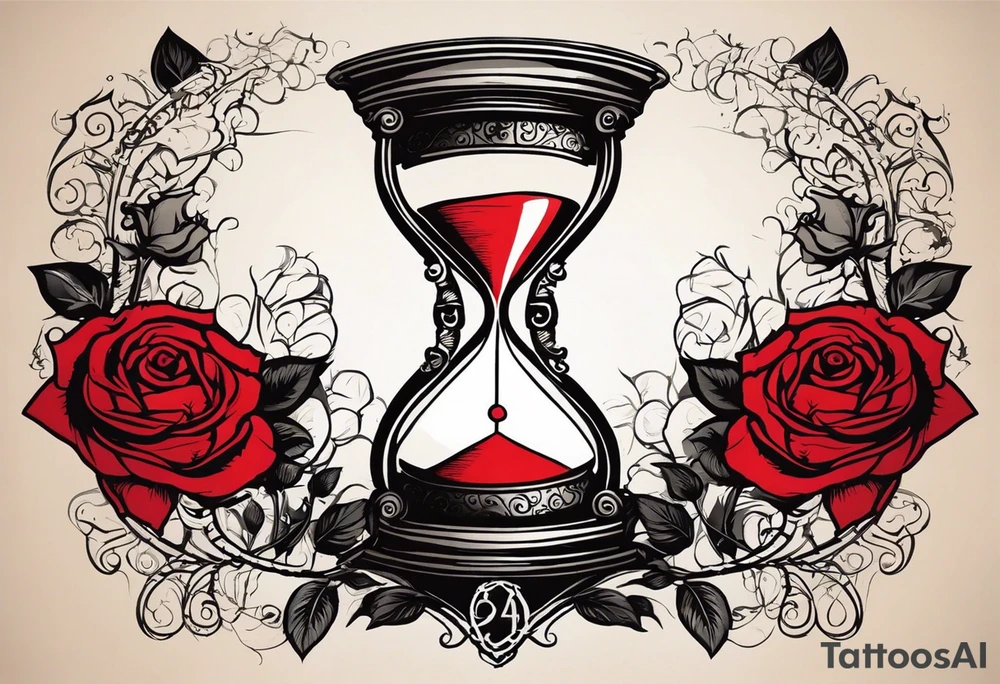 I want a tattoo-inspired design for a t-shirt that features a striking hourglass with a hand clock in the center, where the clock numbers are Amazigh numerals. The hourglass should have a bold, detailed look, with sharp lines and shading. Thorny roses should wrap tightly around the hourglass, with their vines and thorns creating a sense of depth and movement. Planets and stars should be incorporated in a way that they appear to orbit or emerge from behind the hourglass, giving the design a cosmic, timeless feel. The overall aesthetic should be bold and detailed, similar to blackwork tattoo designs, with a mix of natural and celestial elements." tattoo idea