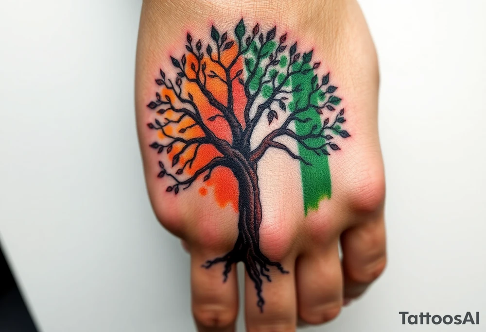 Vibrant tree of life Jamaican colours one half and Irish colours one half in background of tree tattoo idea