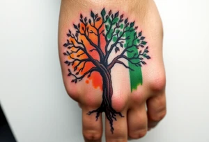 Vibrant tree of life Jamaican colours one half and Irish colours one half in background of tree tattoo idea