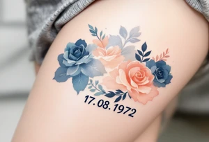 Artistic 17.08.1972 in watercolor style, blending indigo and peach tones around the date. tattoo idea