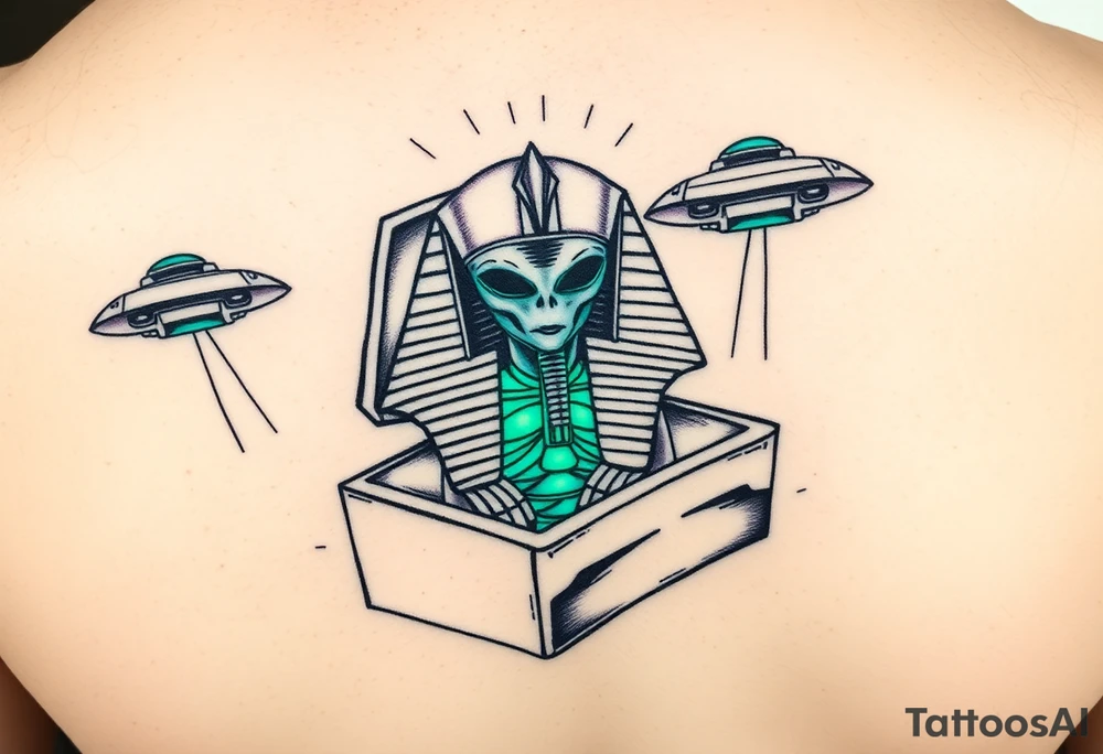 "Pharaoh's sarcophagus opening to reveal a grey alien. Instead of organs: glowing crypto wallets. Floating UFOs are shaped like Chevy Impalas (lowrider style).  

Style: Neo-traditional tattoo with glitch effects. Colors: turquoise/black/neon green." tattoo idea