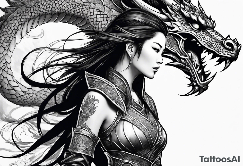 beautiful warrior woman wearing dragon armor and a dragon flying tattoo idea