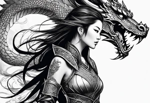 beautiful warrior woman wearing dragon armor and a dragon flying tattoo idea