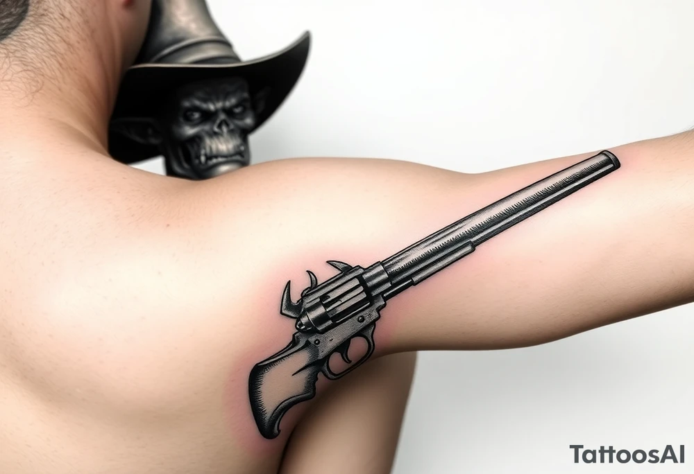 demon in cowboy-clothing,big gun,landscape,cowboy-hat. tattoo idea