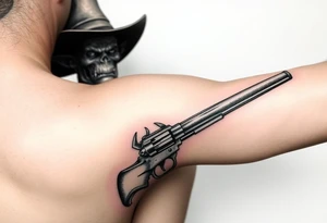demon in cowboy-clothing,big gun,landscape,cowboy-hat. tattoo idea