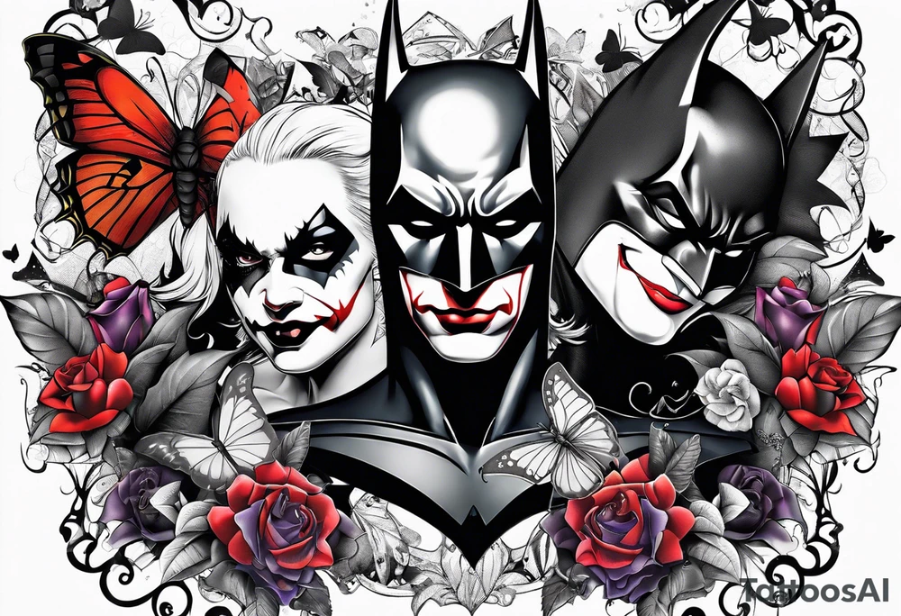 Small Batman and joker with Harley Quinn tattoo with butterflies and lots of color tattoo idea