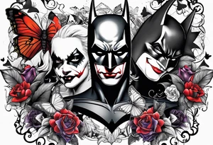 Small Batman and joker with Harley Quinn tattoo with butterflies and lots of color tattoo idea