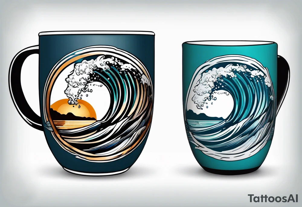Circular design with coffee mug and ocean wave on mug tattoo idea