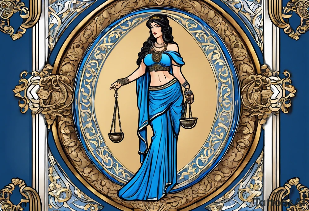 ancient rome clothes ,women,,ancient scale in one hand, blue rose frames, ladies justicia ,keeps  scale tattoo idea