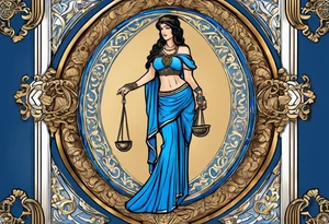 ancient rome clothes ,women,,ancient scale in one hand, blue rose frames, ladies justicia ,keeps  scale tattoo idea