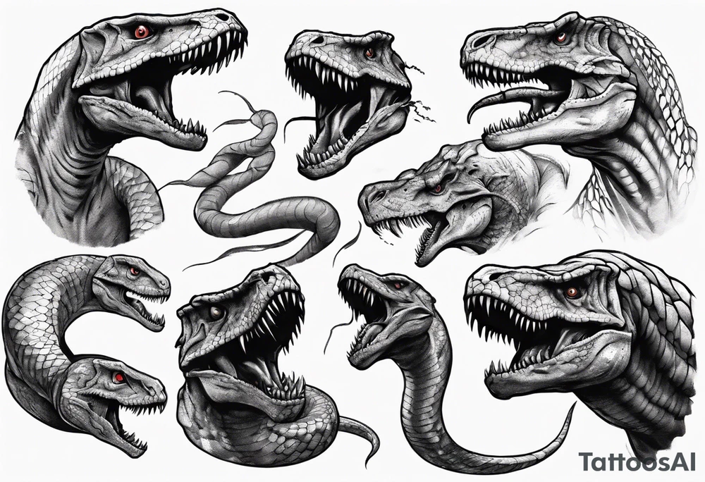Huge prehistoric snake fighting T rex tattoo idea