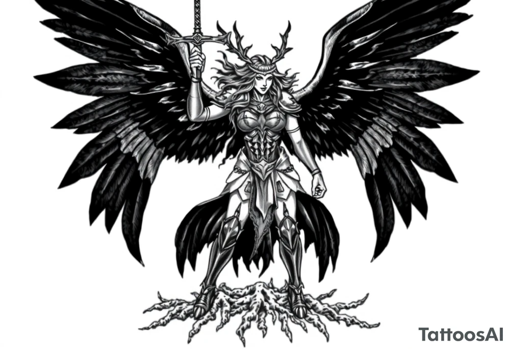 A fierce looking Valkyrie with very big dark wings. The whole body with legs should be visible.
She has armor.
She is standing in a battle ready pose with a sword held high.

She is screaming.
She is standing on roots tattoo idea