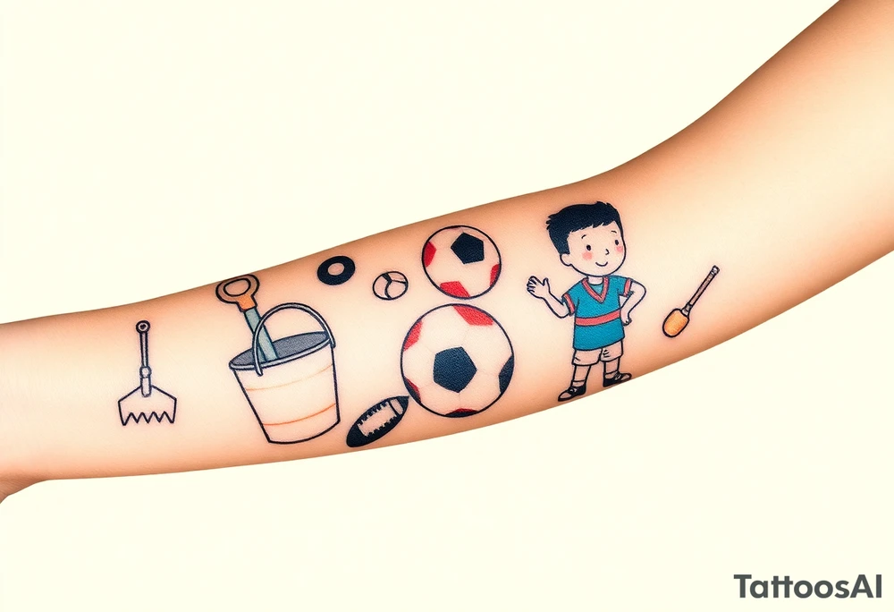Childhood memories of a book, a bucket and spade, a football, a cricket bat, a cartoon of Dennis the Menace from the Beano comic, and the American Idiot symbol tattoo idea