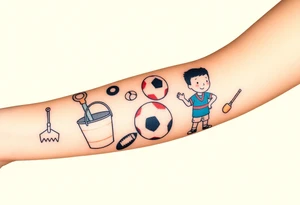 Childhood memories of a book, a bucket and spade, a football, a cricket bat, a cartoon of Dennis the Menace from the Beano comic, and the American Idiot symbol tattoo idea