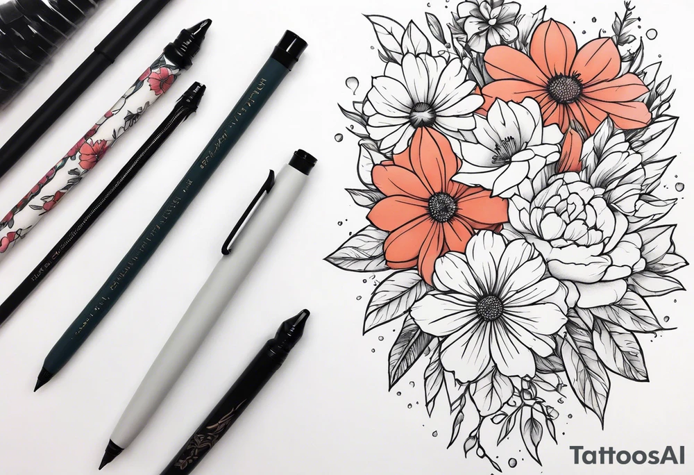 pen wrapped in flowers tattoo idea