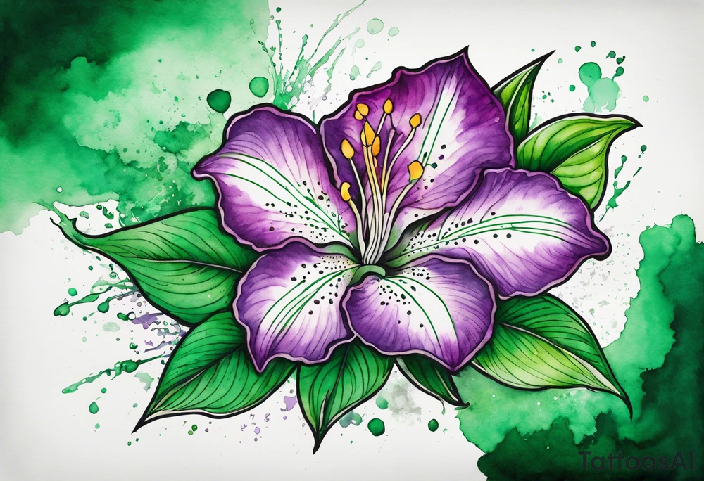 An outline of an only green rio dipladenia flower and a green and purple watercolor splash in the background tattoo idea