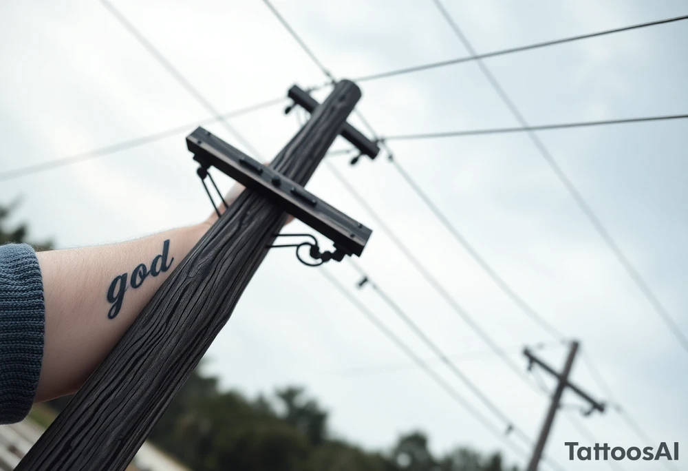 a wooden 12kv distribution pole with electrical lines. Make the pole a cross that has a hidden resemblance to god. tattoo idea