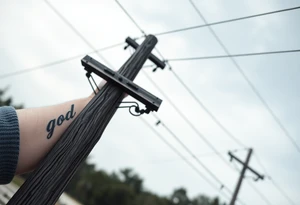 a wooden 12kv distribution pole with electrical lines. Make the pole a cross that has a hidden resemblance to god. tattoo idea