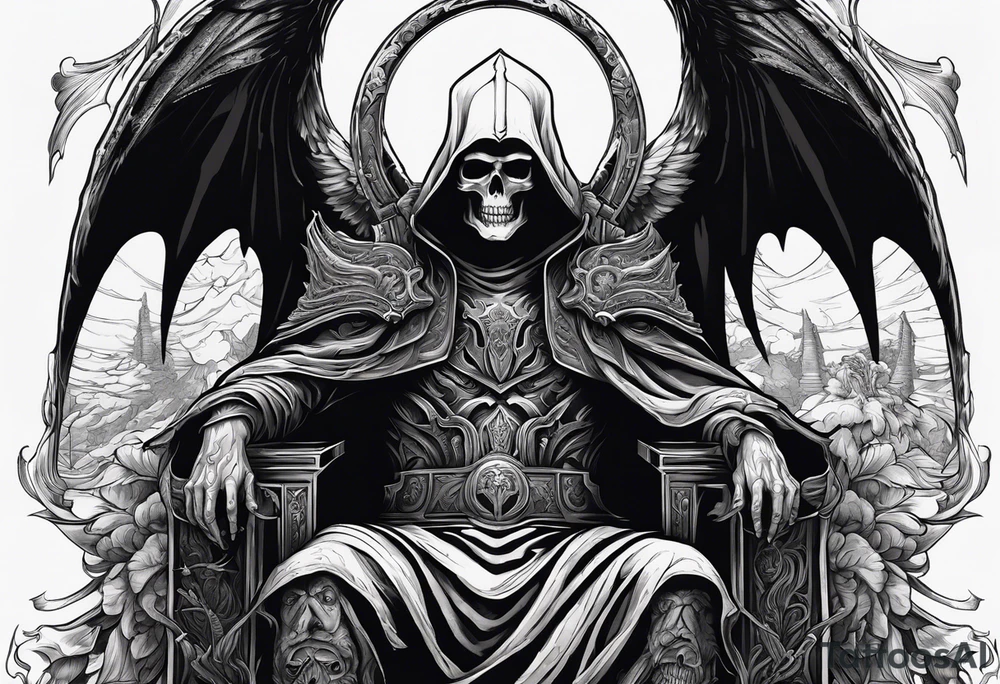 The grim reaper on a large throne of bones .

Holding a giant scythe in one hand and desert eagle in the other .

Next to the throne is a cerebus

Powerful demon commander faces a powerful angel commander in the centre of the tattoo idea