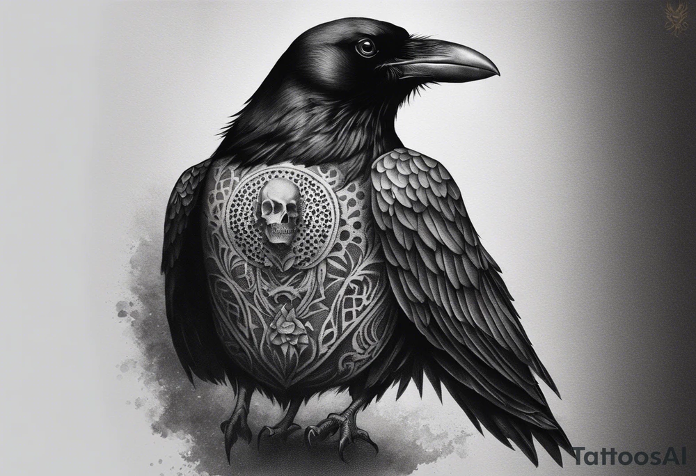 standing crow wearing a miniature human skull over it's head tattoo idea