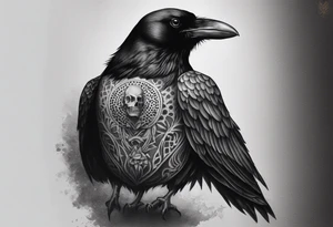 standing crow wearing a miniature human skull over it's head tattoo idea