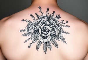 vintage bouquet of wild roses and meadow flowers with morning dew tattoo idea
