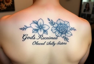 May birth flower and December birth flower with the words

Gods
Redeemed
Obedient
Salty
Sisters tattoo idea