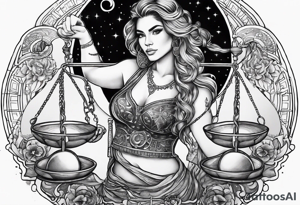 Libra woman holding scales with a night zodiac background including a half moon that encircles half of the woman with vibrant colors tattoo idea