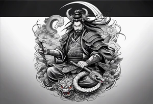 Japanese samurai -style tattoo with snake and demons tattoo idea