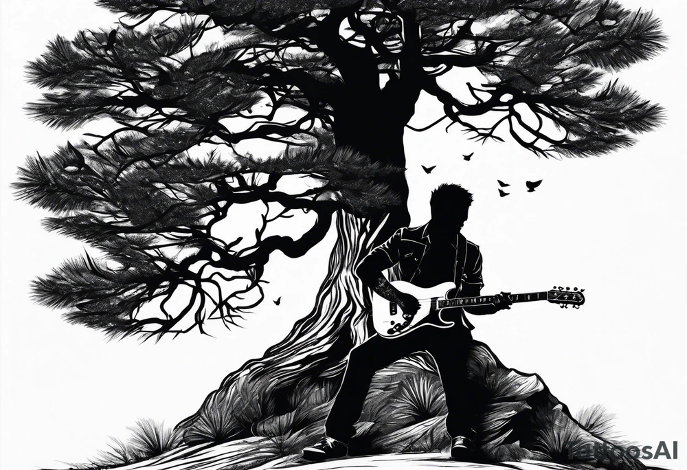 silhouette of a man standing under a pine tree playing electric guitar tattoo idea